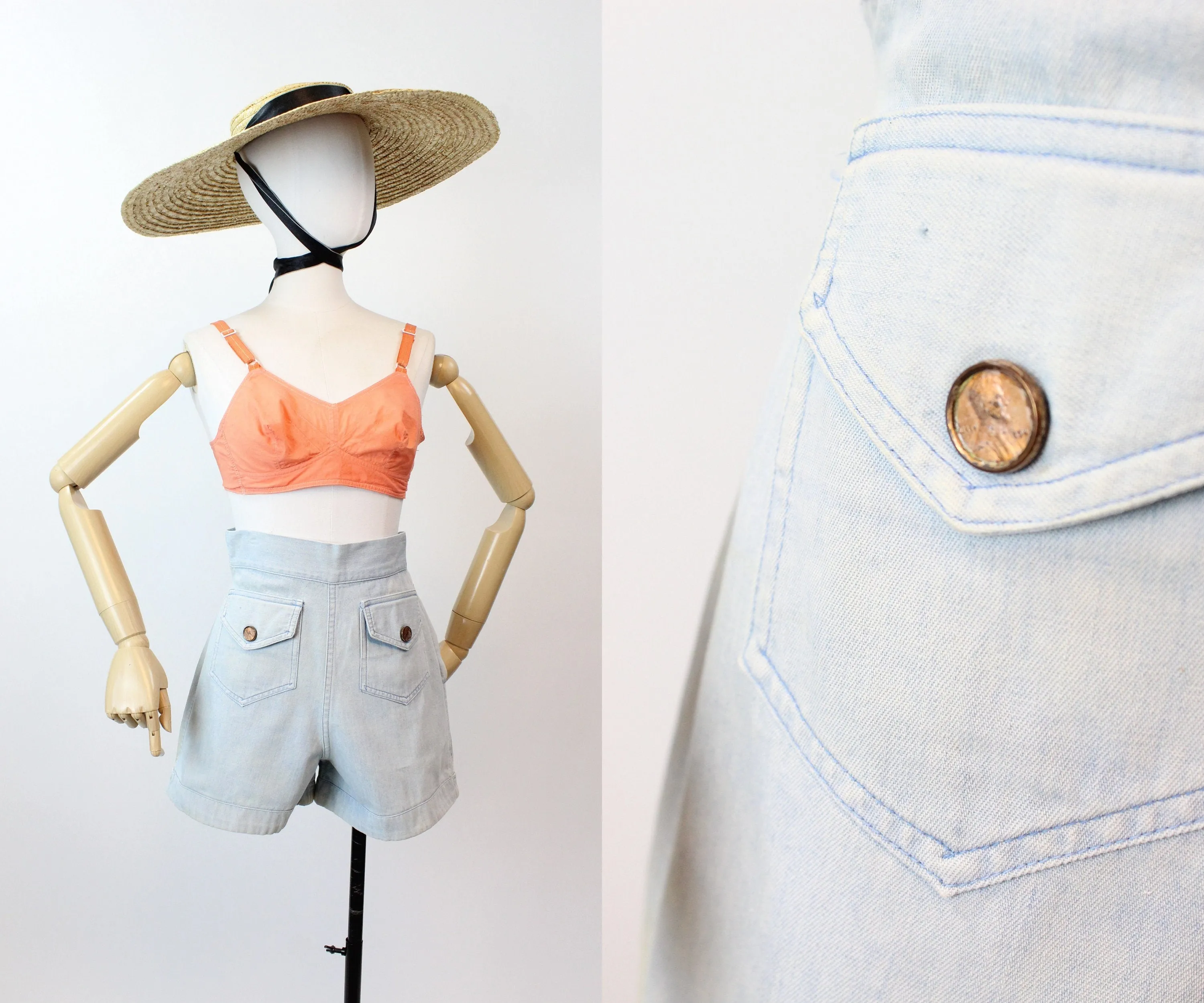 1940s DENIM coin PENNY button shorts xs small | new spring summer