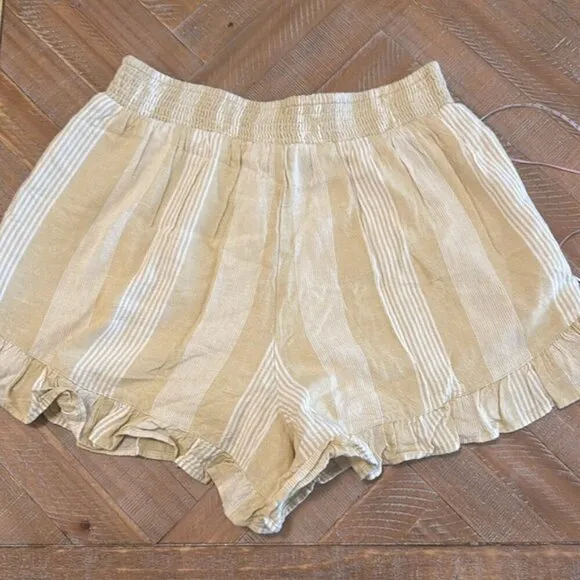 American Eagle Linen Blend Striped Elastic Waist Ruffle Hem Lined Shorts