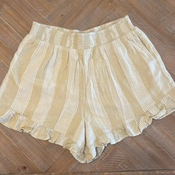 American Eagle Linen Blend Striped Elastic Waist Ruffle Hem Lined Shorts