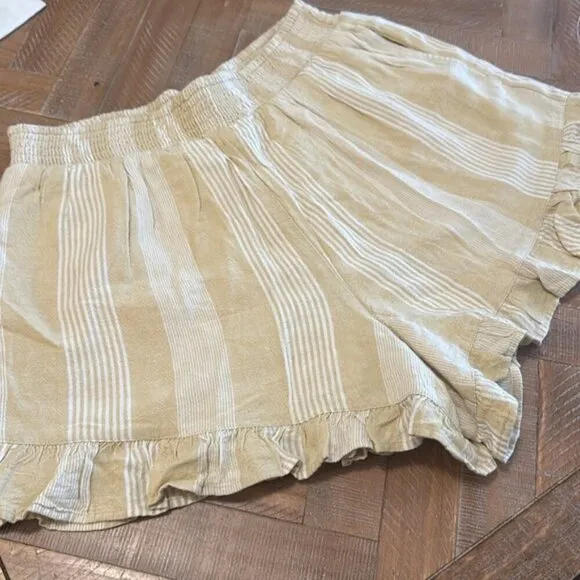 American Eagle Linen Blend Striped Elastic Waist Ruffle Hem Lined Shorts