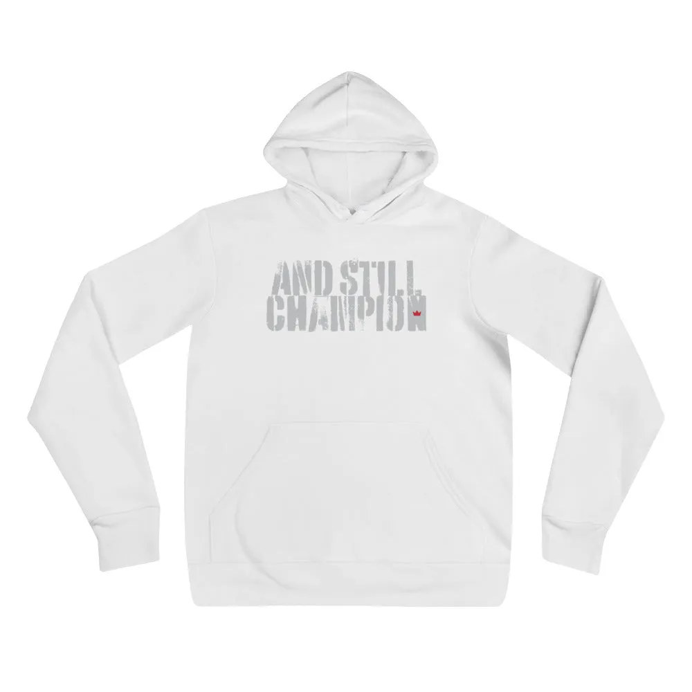 And Still Champion stencil-like light lettering women's pull-over hoodie