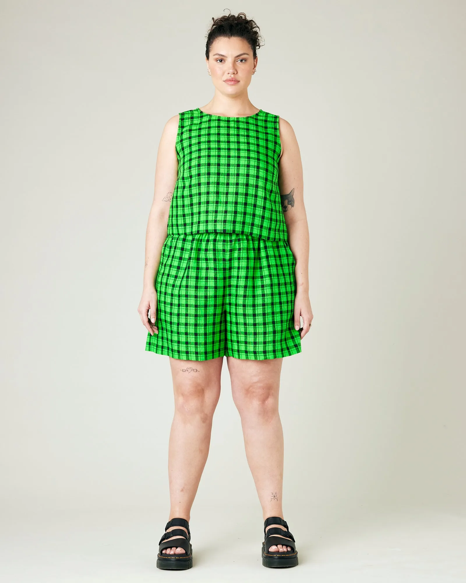 Ari Green & Black Check Linen Shorts