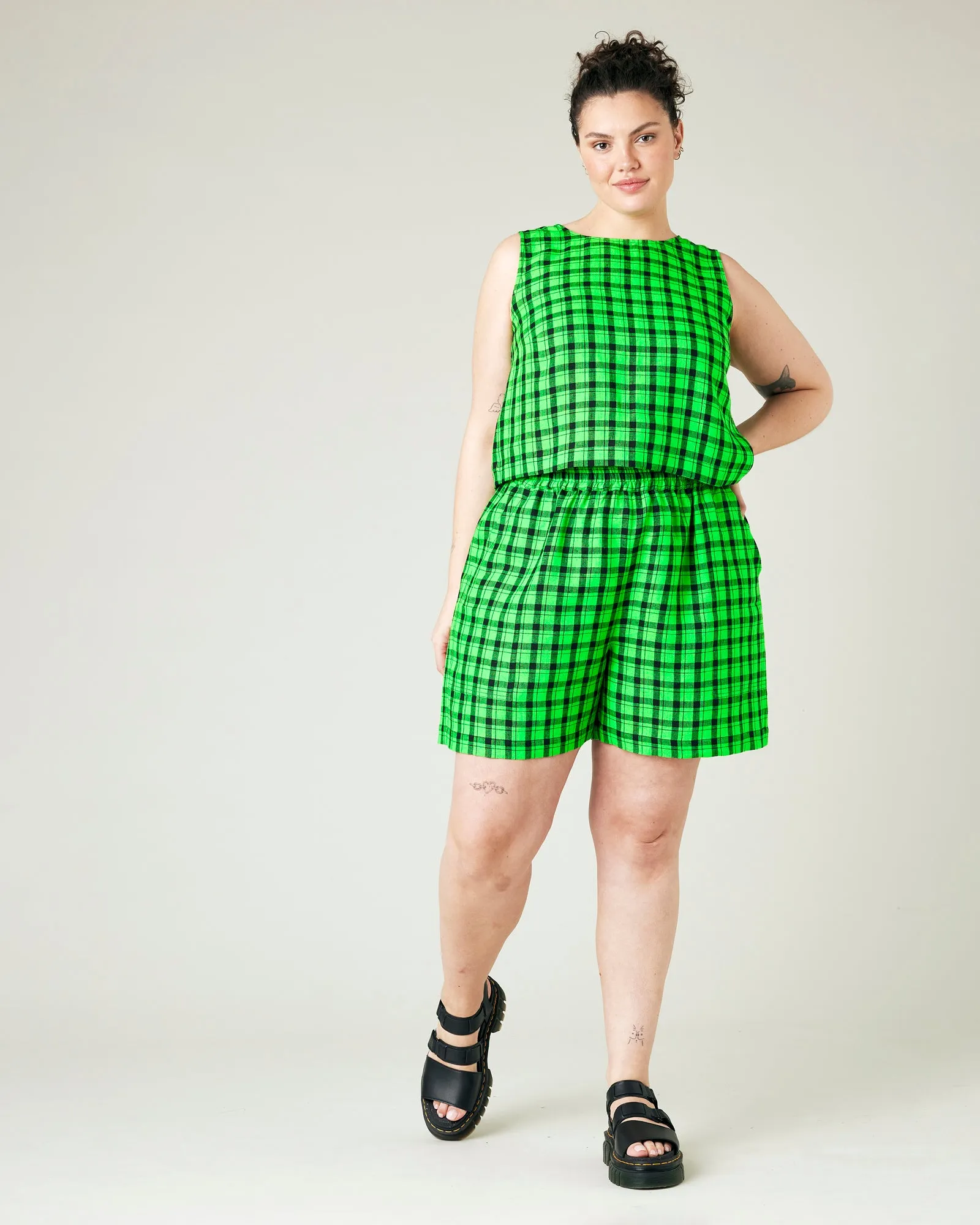 Ari Green & Black Check Linen Shorts