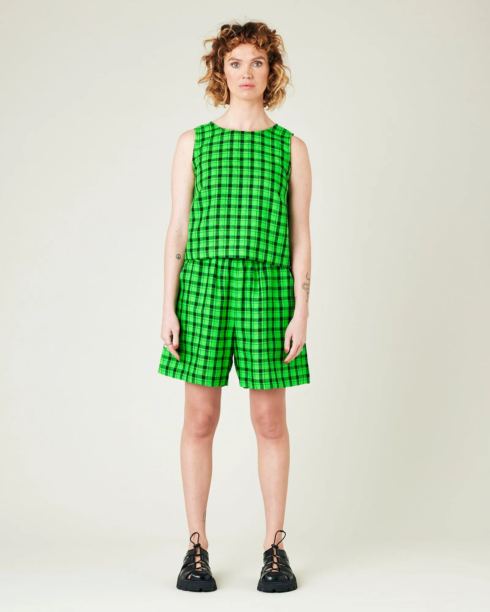 Ari Green & Black Check Linen Shorts