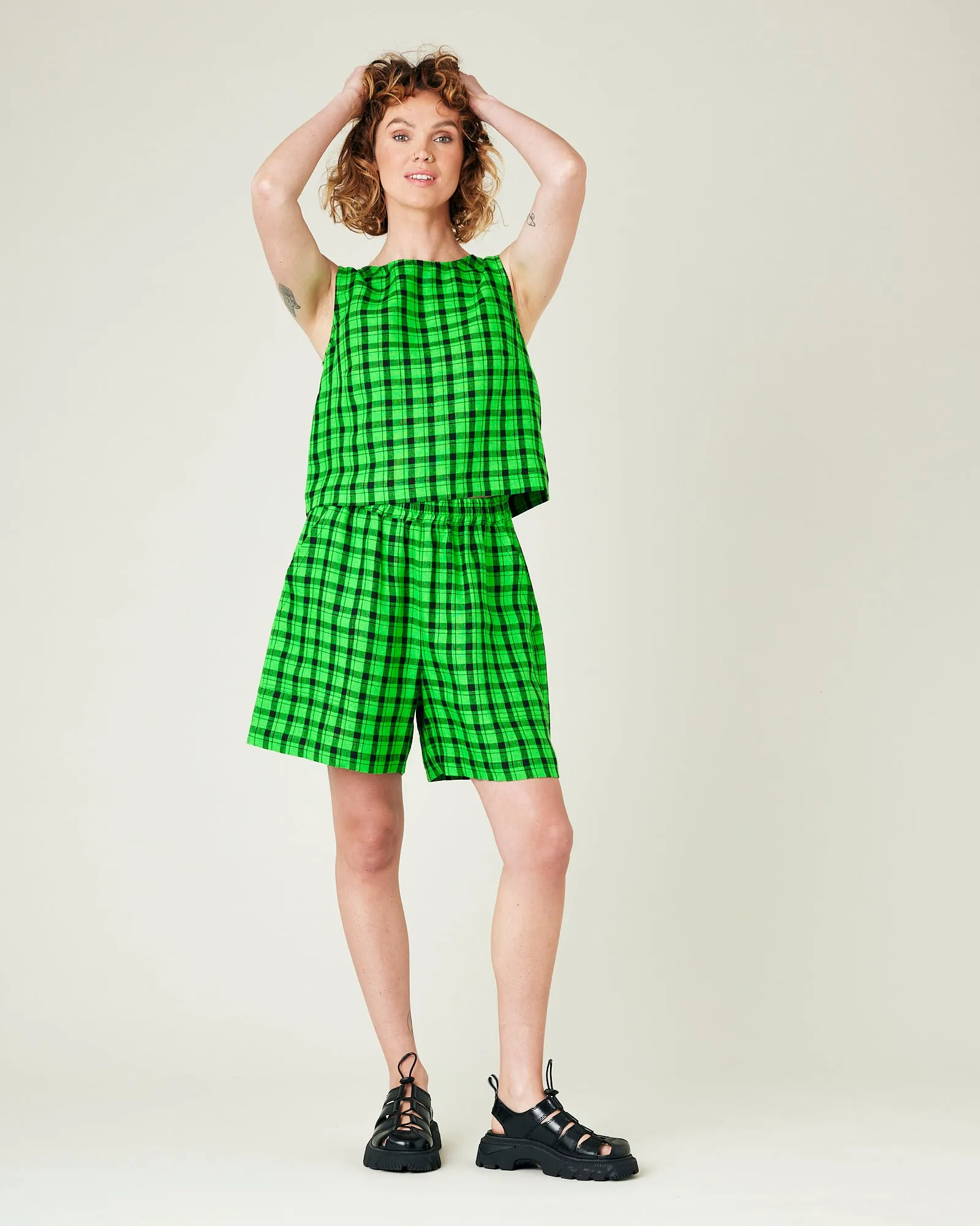 Ari Green & Black Check Linen Shorts