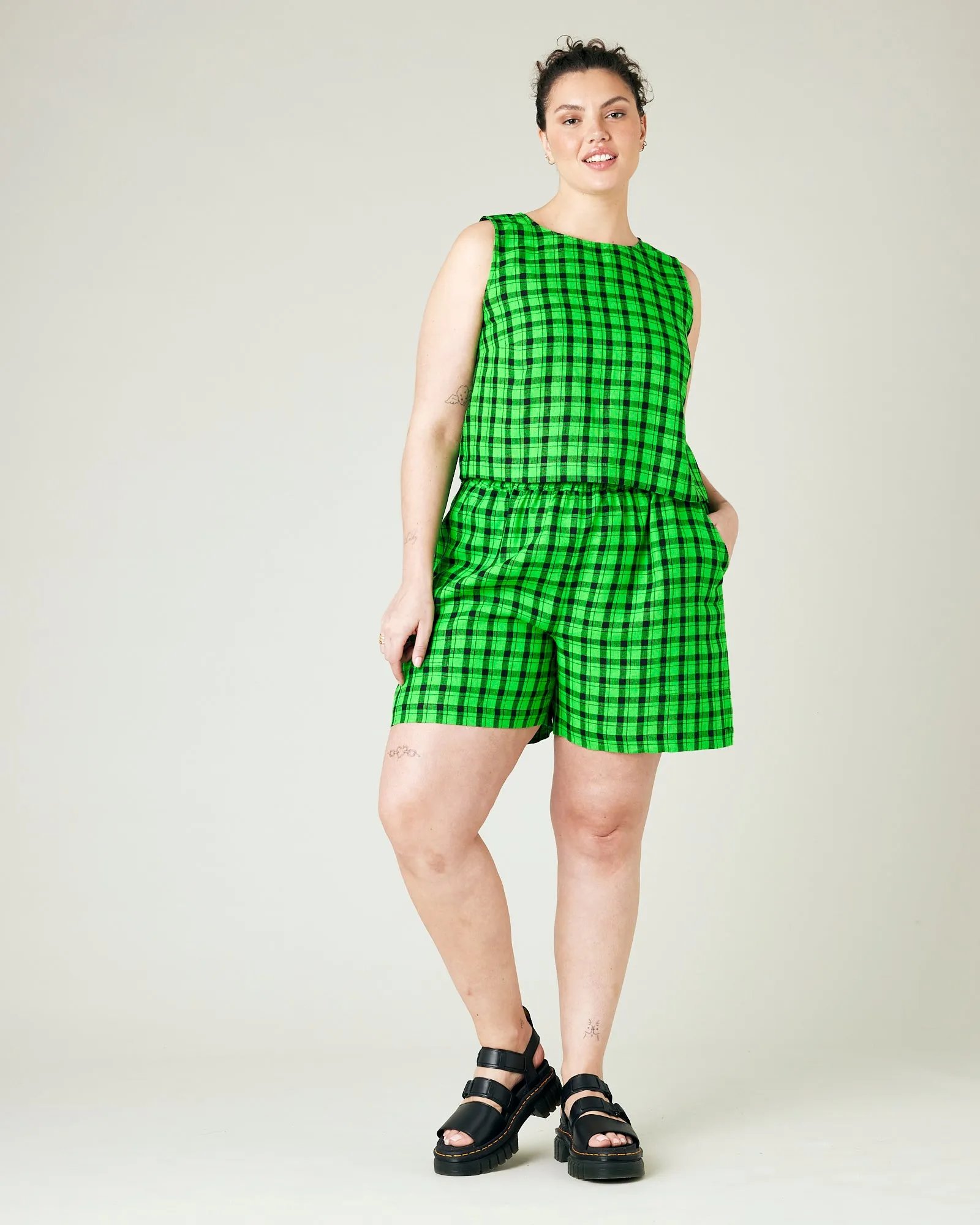 Ari Green & Black Check Linen Shorts