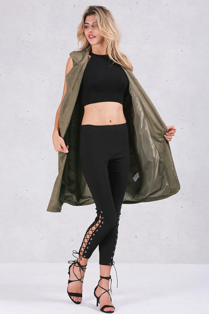 Army Green Suede Trench Coat Vest Waistcoat Jacket Celebrity Style