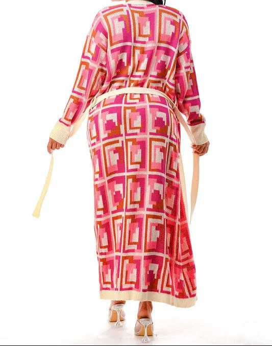 ASCAYA KNITTED PRINT CARDIGAN BELTED - PINK MULTI