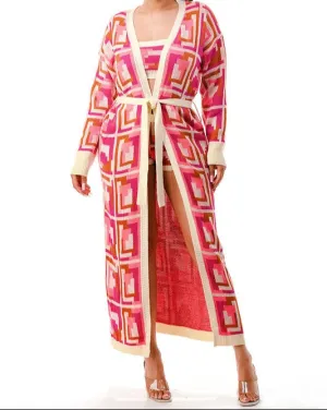 ASCAYA KNITTED PRINT CARDIGAN BELTED - PINK MULTI