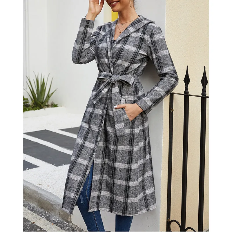 Autumn and Winter Woolen Plaid Long Coat