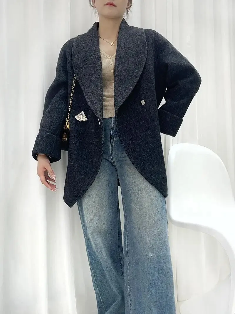 Autumn/Winter Korean Style Short Woolen Jackets Rabbit Hair Ladies Handmade Double-Breasted Loose Women Wool Coats
