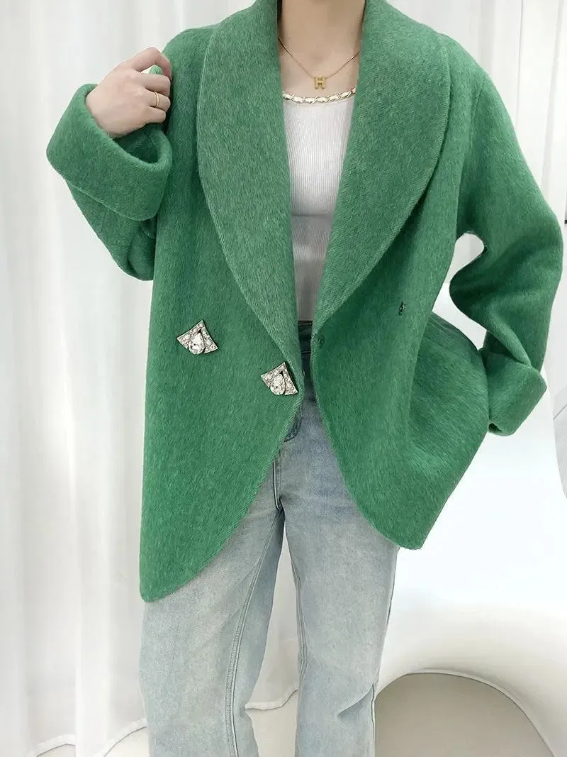 Autumn/Winter Korean Style Short Woolen Jackets Rabbit Hair Ladies Handmade Double-Breasted Loose Women Wool Coats