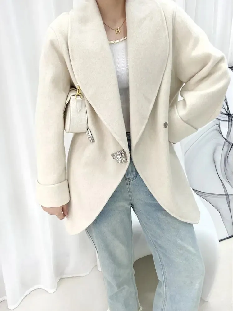 Autumn/Winter Korean Style Short Woolen Jackets Rabbit Hair Ladies Handmade Double-Breasted Loose Women Wool Coats