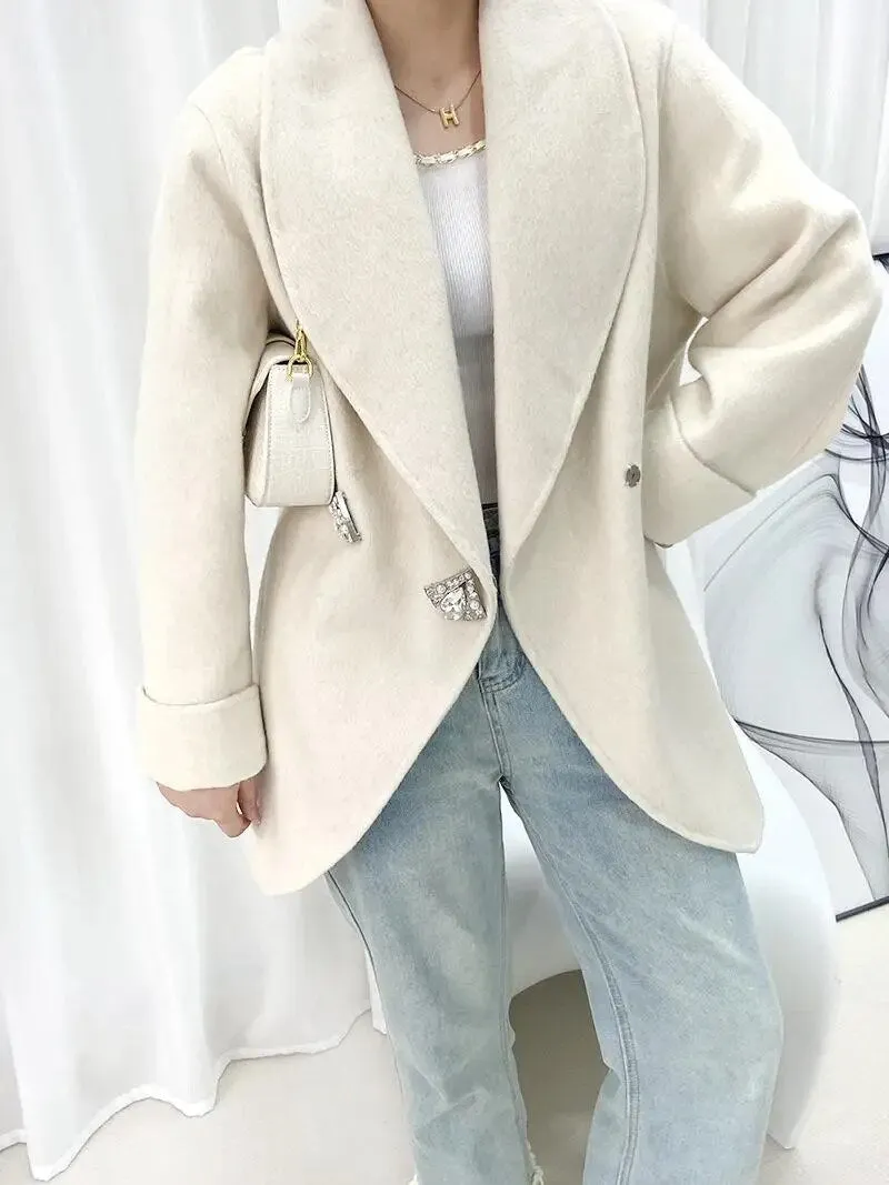Autumn/Winter Korean Style Short Woolen Jackets Rabbit Hair Ladies Handmade Double-Breasted Loose Women Wool Coats