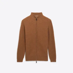 Basketweave Knit Full Zip Mock Neck Sweater