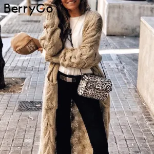 BerryGo Vintage mohair long cardigan women sweaters female Long sleeve pocket winter cardigans Casual knitwear pure jumpers