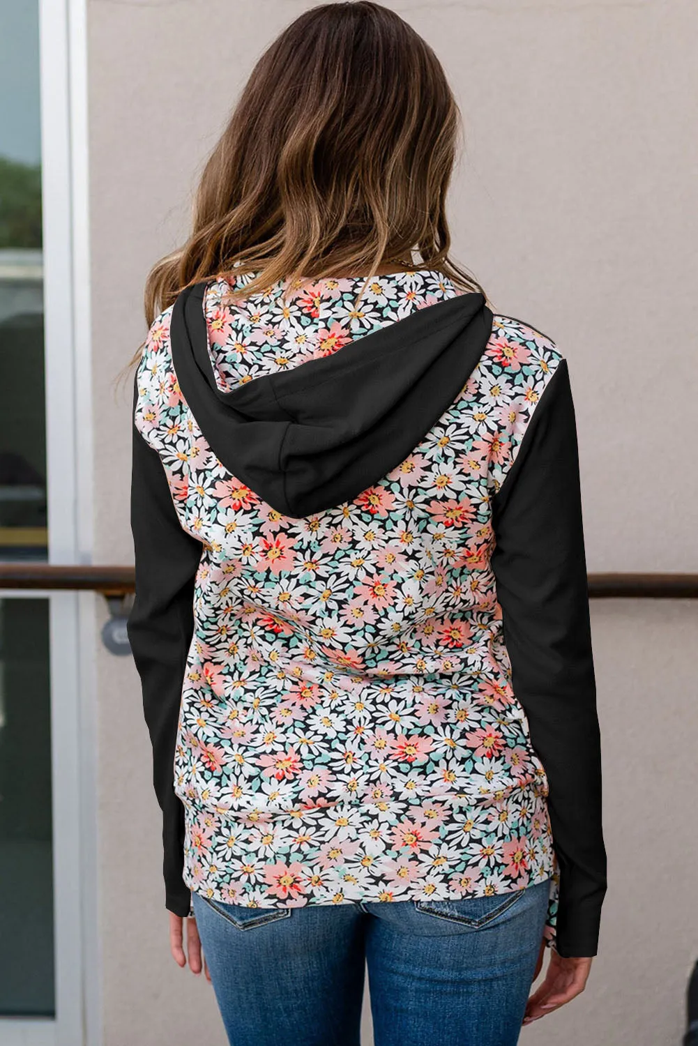 Black Floral Patch Half Zip Kangaroo Pocket Hoodie