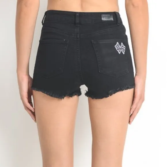 🆕BLACK HIGH-WAIST DENIM CUTOFF RIPPED SHORTS WITH EVIL-EYE &amp; ICE-CREAM PATCHES