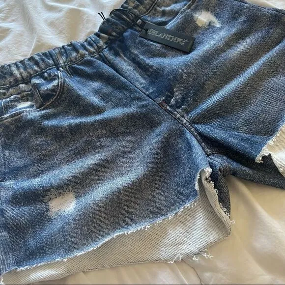 Blank NYC City Scape French Terry Faux Denim Shorts Blue Medium