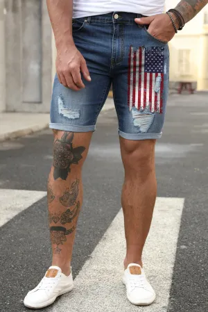 Blue American Flag Print Distressed Skinny Fit Men's Denim Shorts