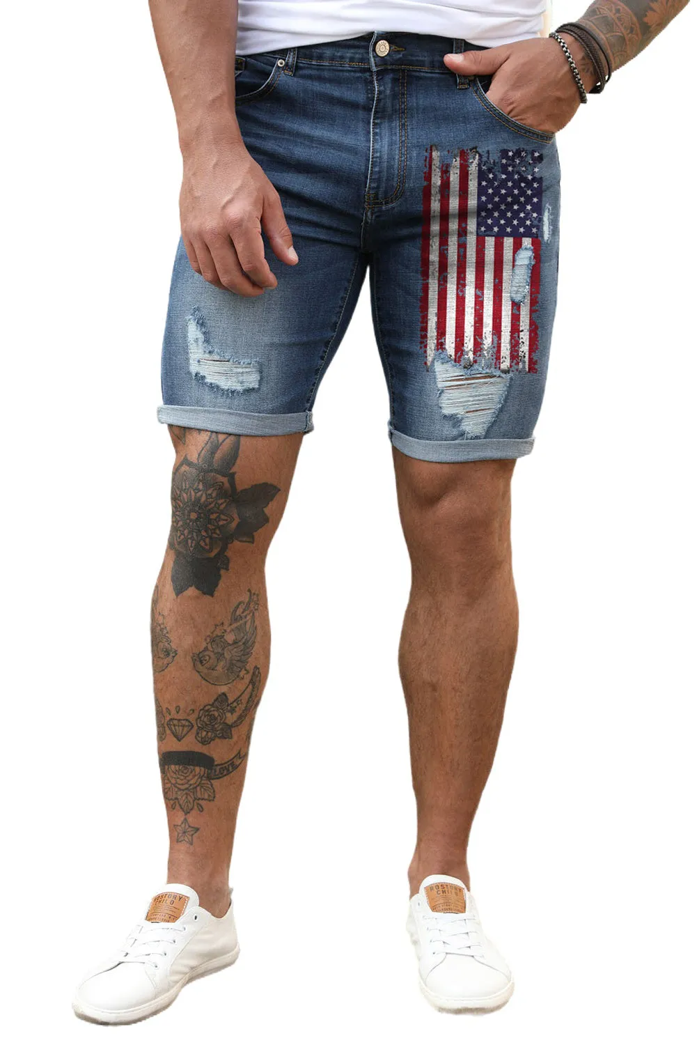 Blue American Flag Print Distressed Skinny Fit Men's Denim Shorts