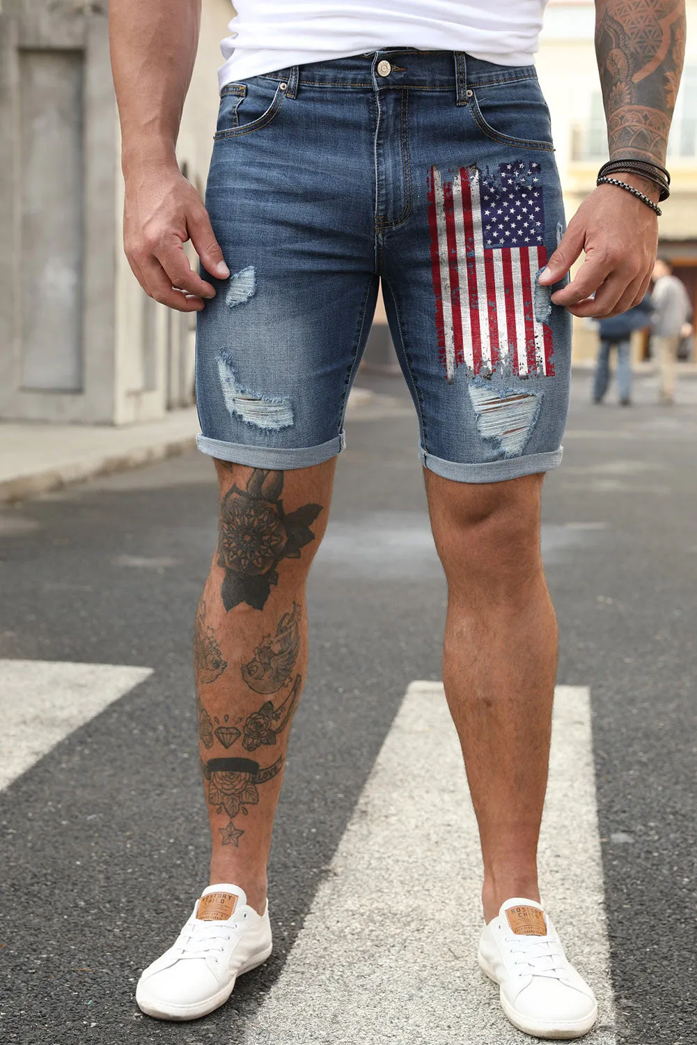 Blue American Flag Print Distressed Skinny Fit Men's Denim Shorts