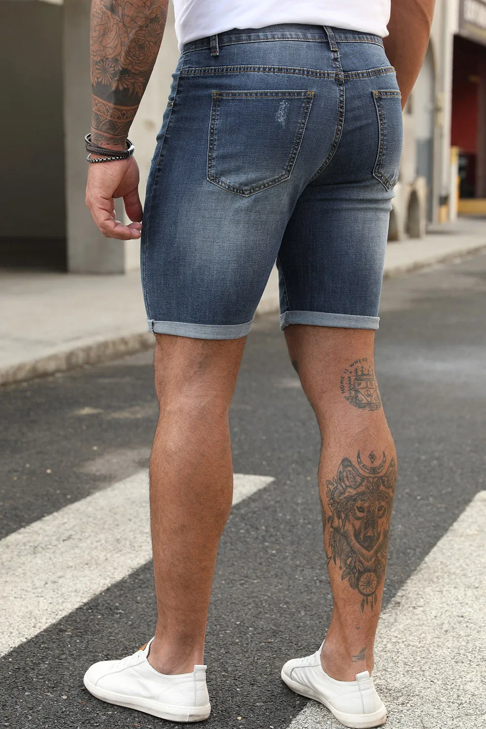 Blue American Flag Print Distressed Skinny Fit Men's Denim Shorts