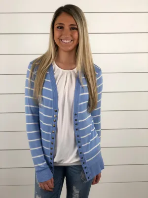 Blue Striped Snap Button Cardigan