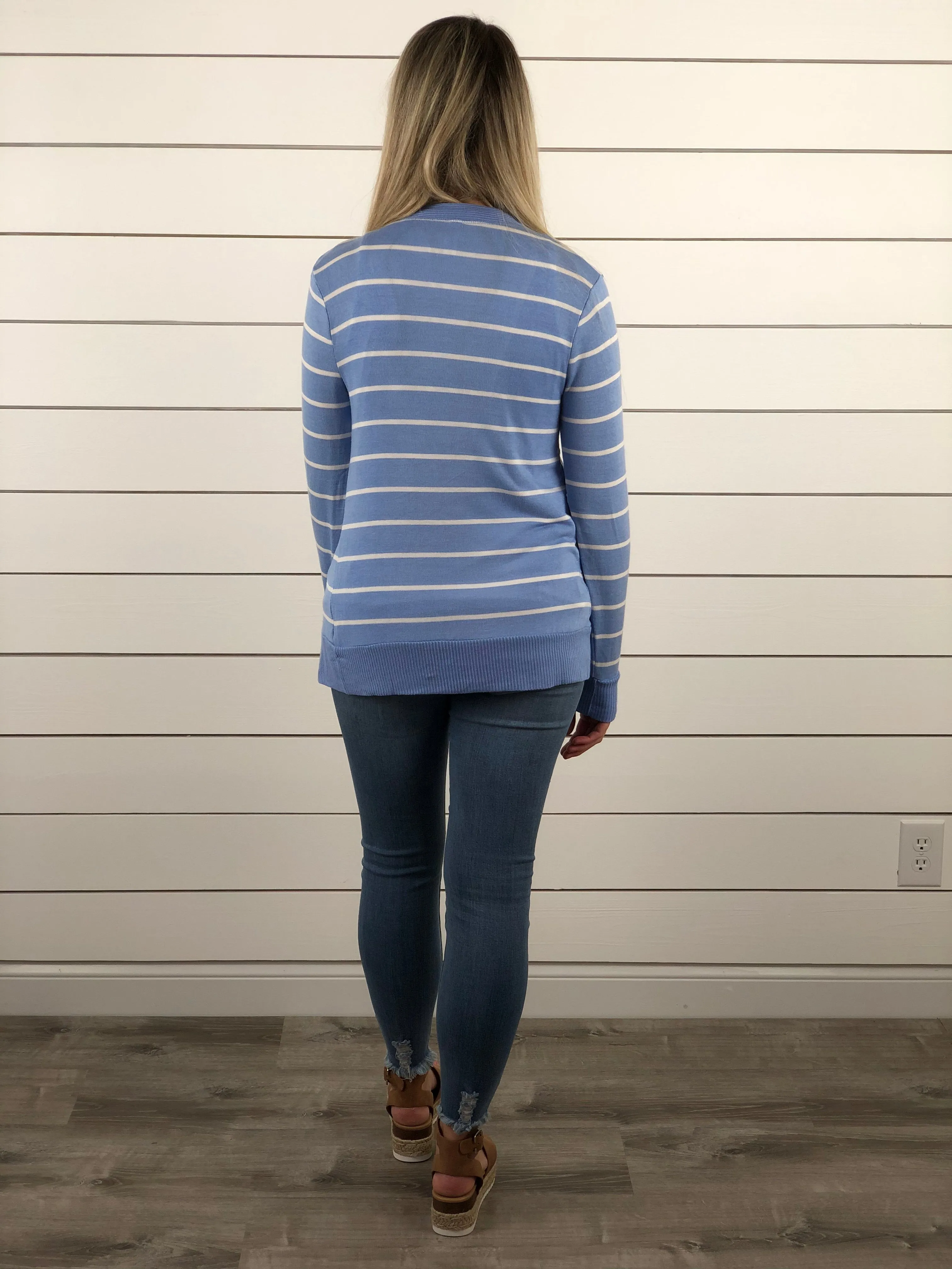 Blue Striped Snap Button Cardigan