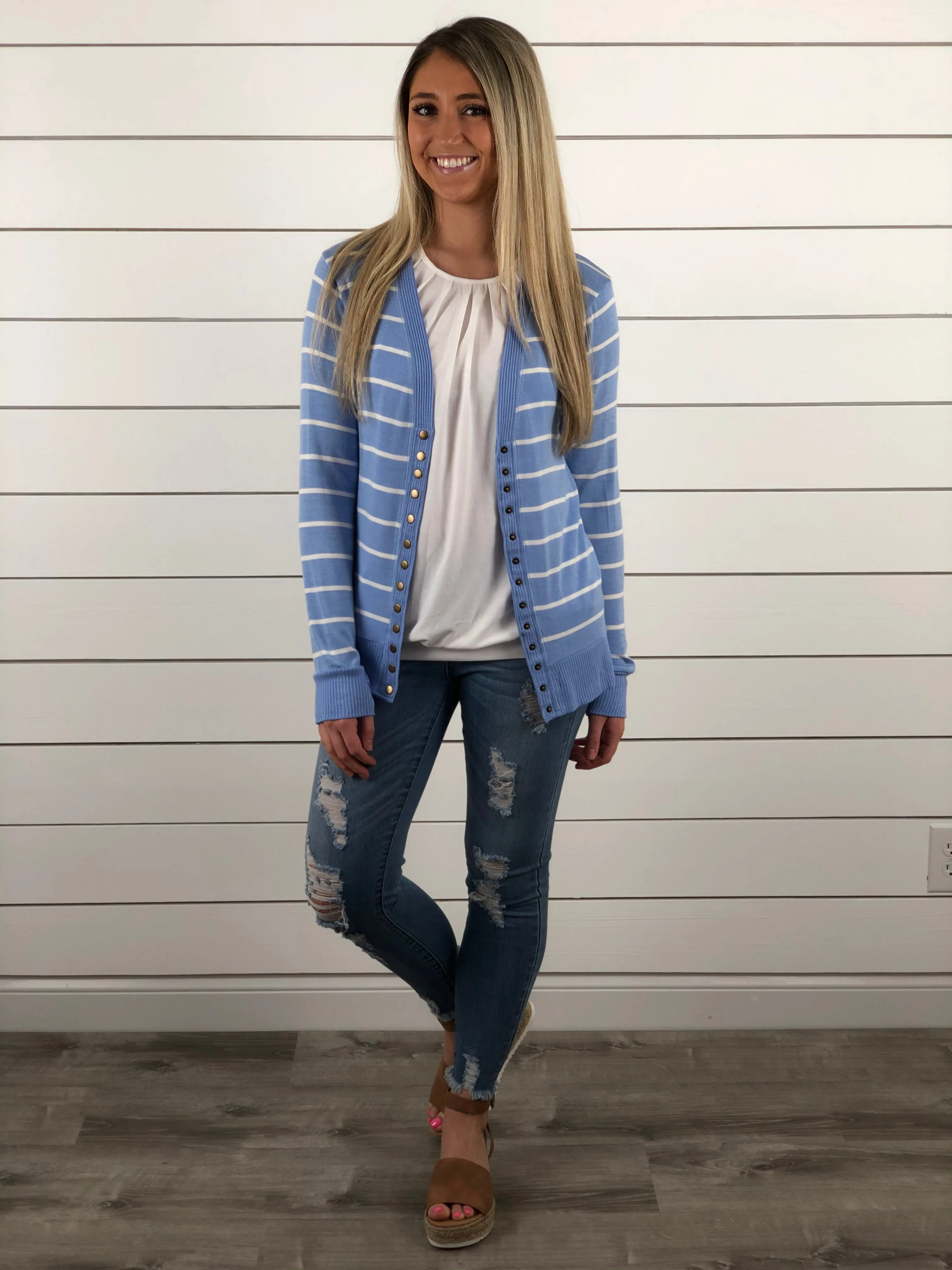 Blue Striped Snap Button Cardigan