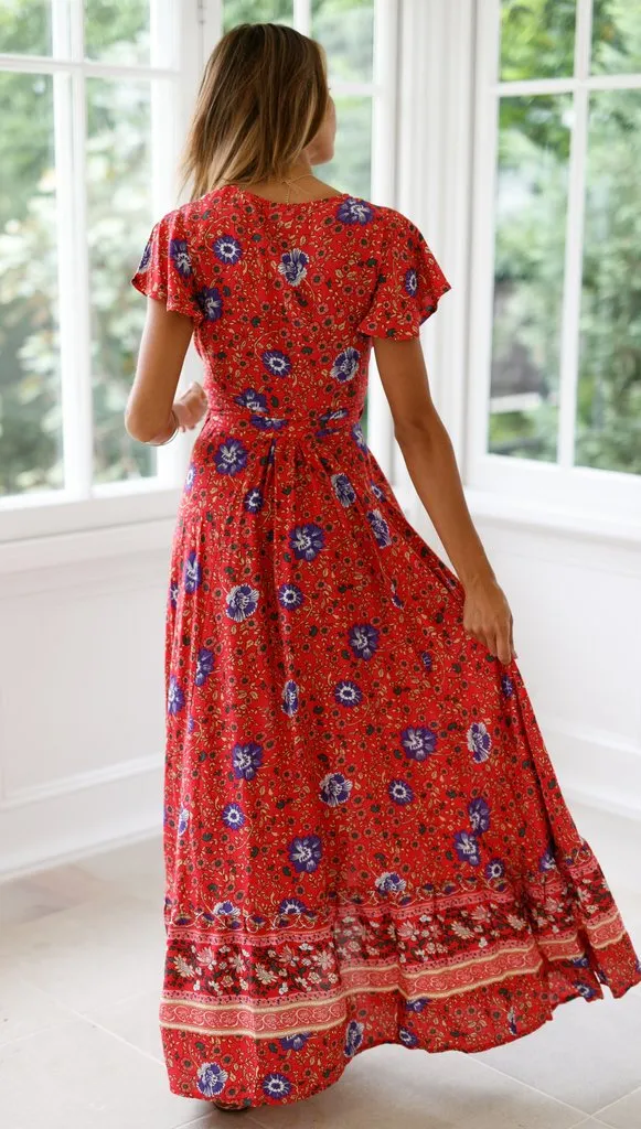 Bohemian Floral Wrap Maxi Dress