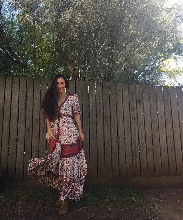 BOHO Inspired Maxi Floral Print V-Neck Button down tassel drawstring long summer dress