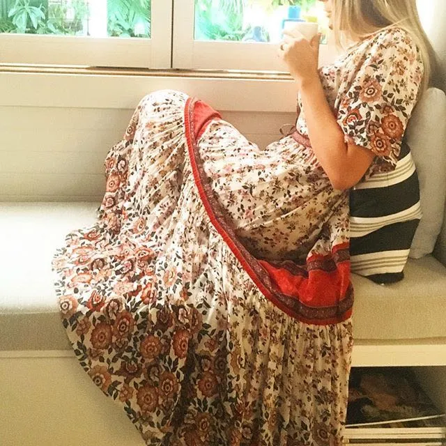 BOHO Inspired Maxi Floral Print V-Neck Button down tassel drawstring long summer dress