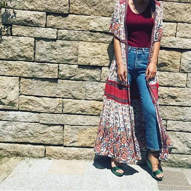 BOHO Inspired Maxi Floral Print V-Neck Button down tassel drawstring long summer dress