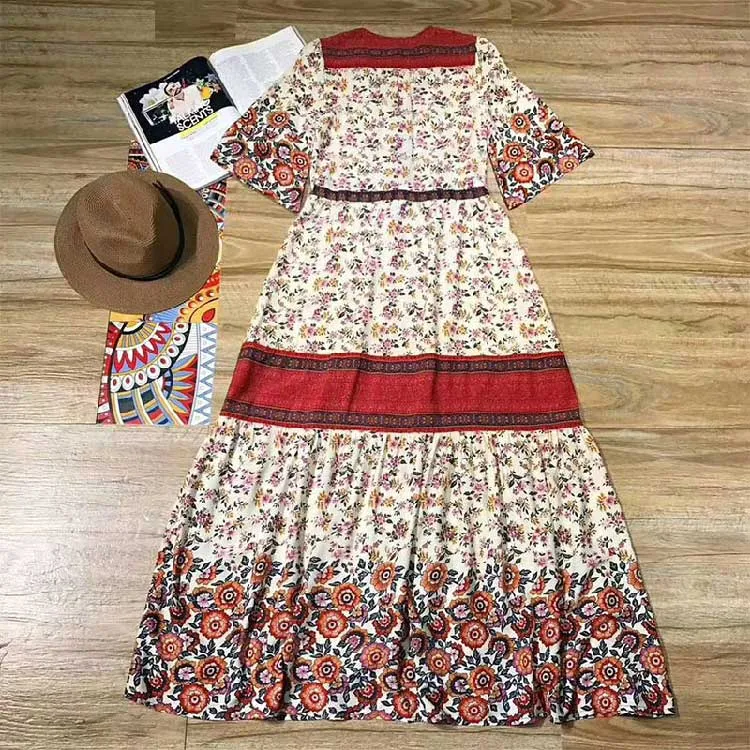 BOHO Inspired Maxi Floral Print V-Neck Button down tassel drawstring long summer dress
