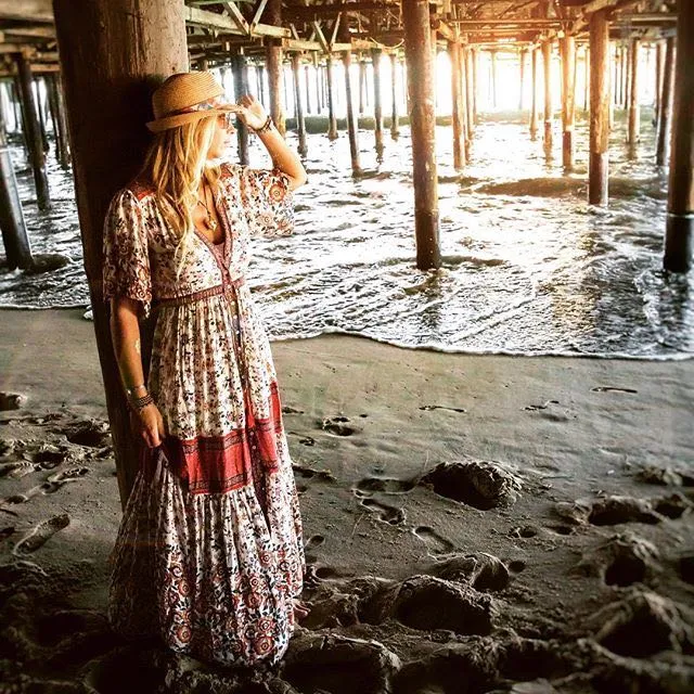 BOHO Inspired Maxi Floral Print V-Neck Button down tassel drawstring long summer dress