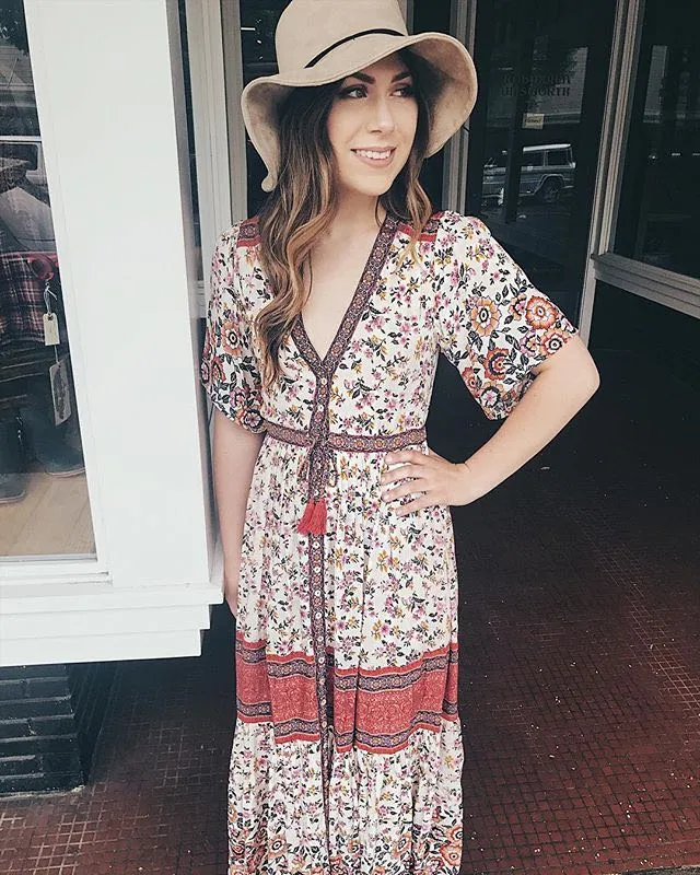 BOHO Inspired Maxi Floral Print V-Neck Button down tassel drawstring long summer dress