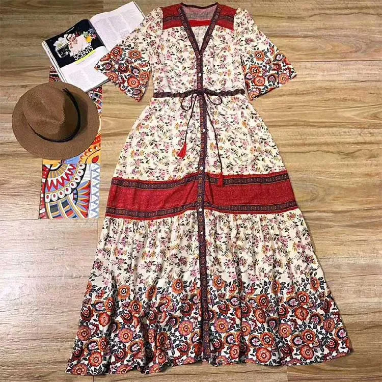 BOHO Inspired Maxi Floral Print V-Neck Button down tassel drawstring long summer dress