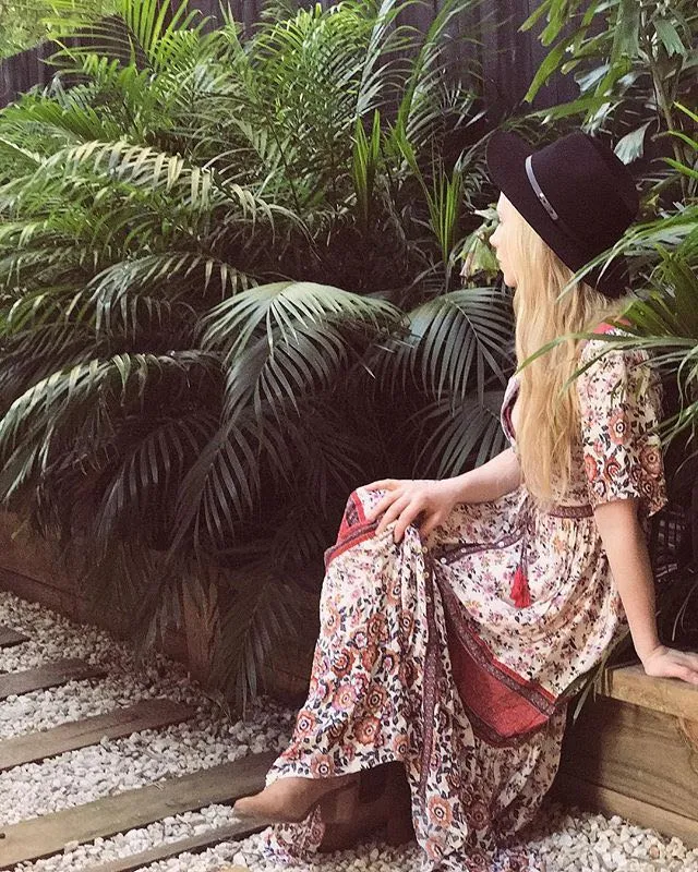 BOHO Inspired Maxi Floral Print V-Neck Button down tassel drawstring long summer dress