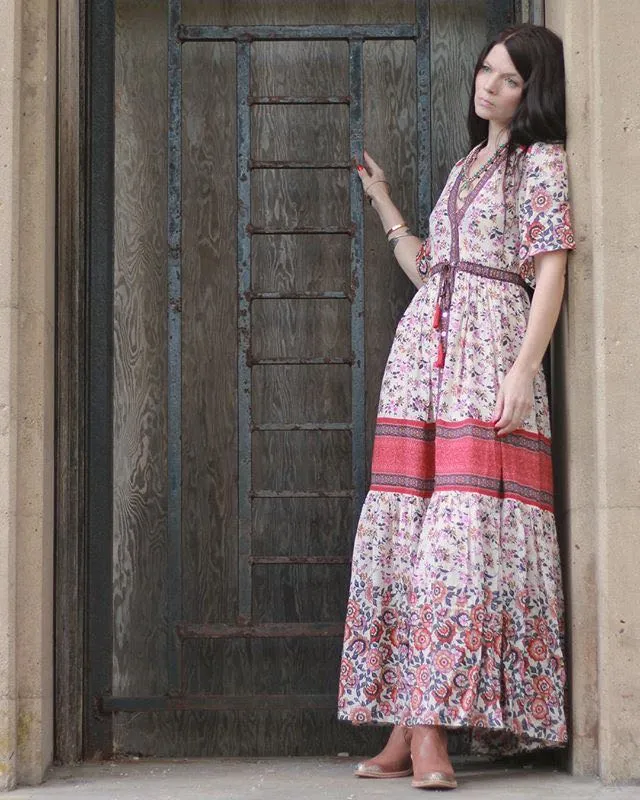 BOHO Inspired Maxi Floral Print V-Neck Button down tassel drawstring long summer dress