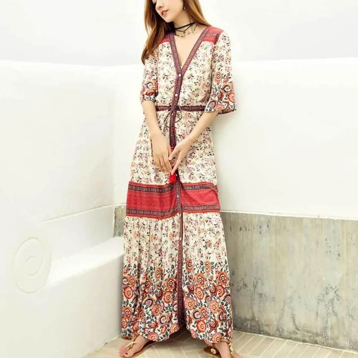 BOHO Inspired Maxi Floral Print V-Neck Button down tassel drawstring long summer dress