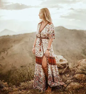 BOHO Inspired Maxi Floral Print V-Neck Button down tassel drawstring long summer dress