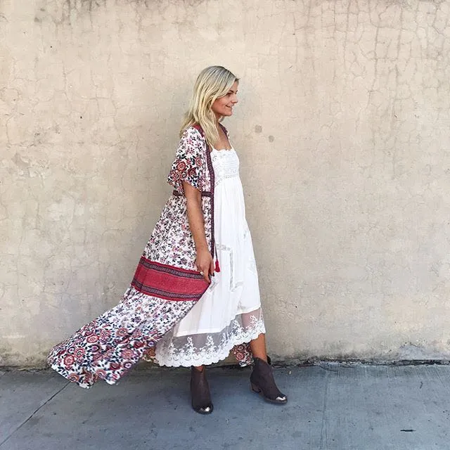 BOHO Inspired Maxi Floral Print V-Neck Button down tassel drawstring long summer dress
