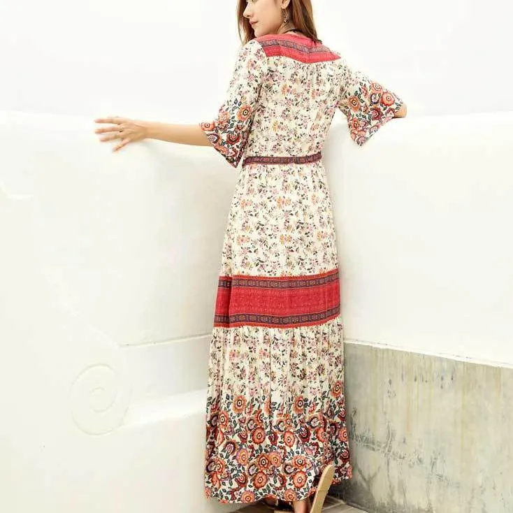 BOHO Inspired Maxi Floral Print V-Neck Button down tassel drawstring long summer dress