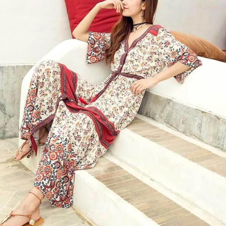 BOHO Inspired Maxi Floral Print V-Neck Button down tassel drawstring long summer dress