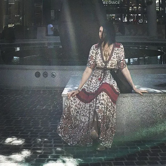 BOHO Inspired Maxi Floral Print V-Neck Button down tassel drawstring long summer dress