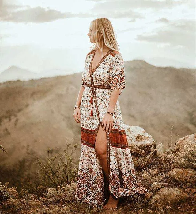BOHO Inspired Maxi Floral Print V-Neck Button down tassel drawstring long summer dress