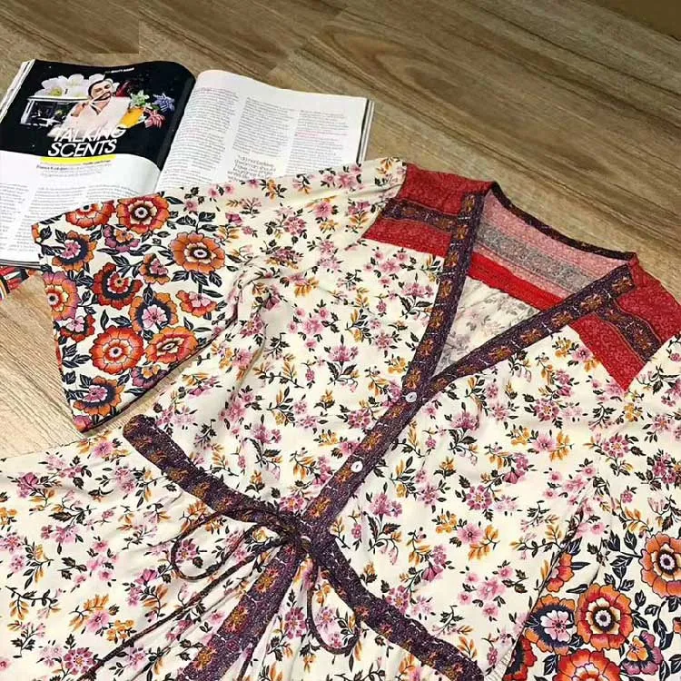 BOHO Inspired Maxi Floral Print V-Neck Button down tassel drawstring long summer dress