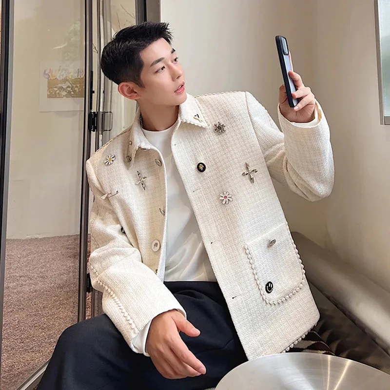 Bonsir Trend Men's Woolen Jackets Korean Style Light Luxury Casual Coat DIY Chest Pin Outerwear Niche Design 2024 Autumn New