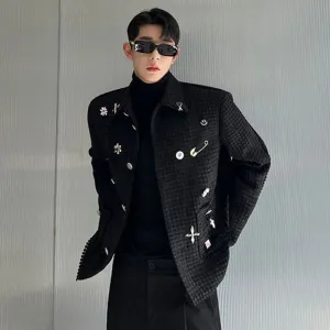 Bonsir Trend Men's Woolen Jackets Korean Style Light Luxury Casual Coat DIY Chest Pin Outerwear Niche Design 2024 Autumn New
